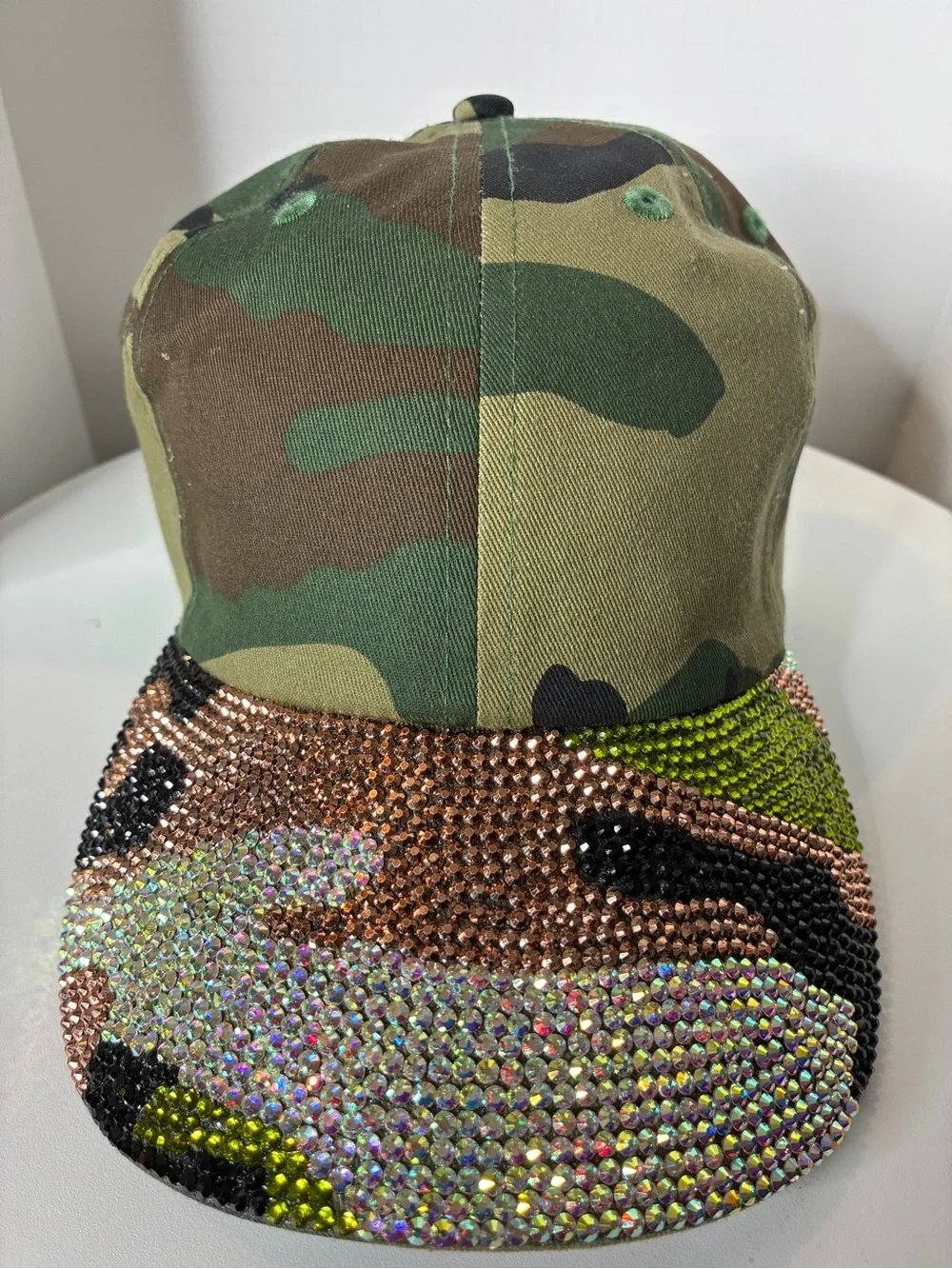 Custom Women Camouflage Rhinestone  Cap - Green